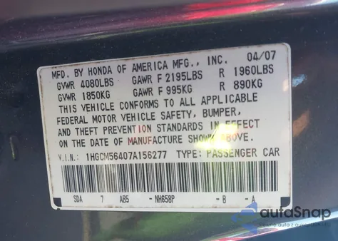 2007 Honda Accord 2.4 Lx из США, поврежденный, VIN 1HGCM56407A156277